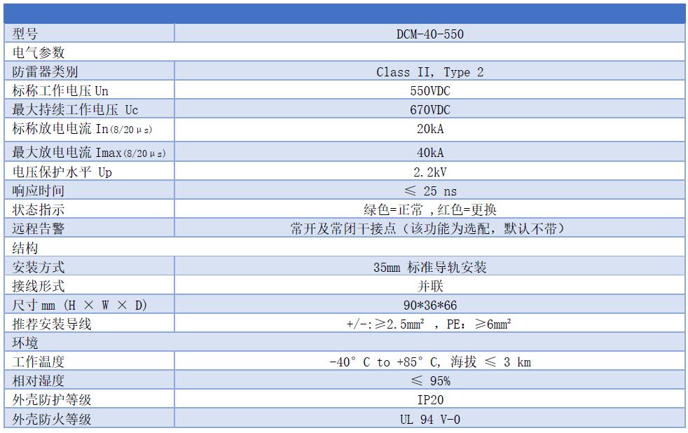 500V直流浪涌保護器型號列表 550V直流浪涌保護器 DCM-40-550