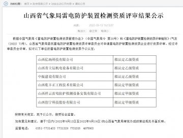 山西雷電防護裝置檢測資質評審結果公示,3家單位升甲級資質！